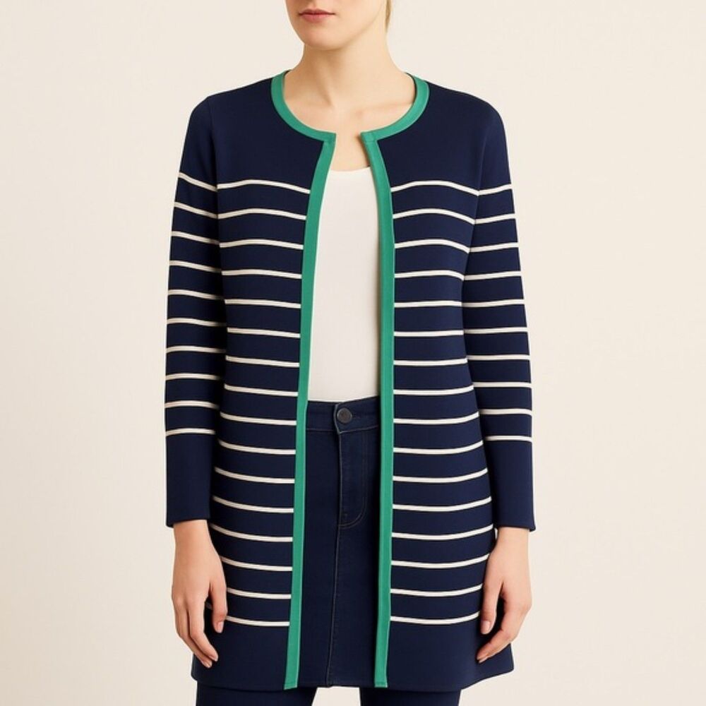 Pendleton Longline Striped Silk Open Front Cardigan Navy & White Women’s Size XS